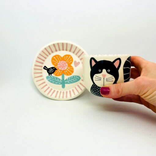 Enchanting Ceramic Cup and Saucer A Feline Fantasy with a Bird and Bloom - Image 5