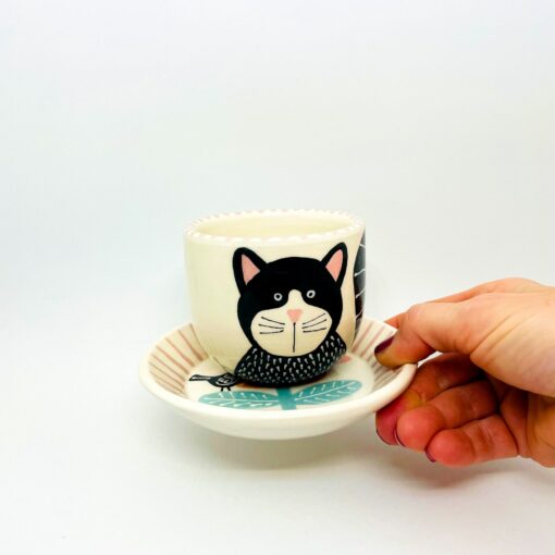 Enchanting Ceramic Cup and Saucer A Feline Fantasy with a Bird and Bloom - Image 6