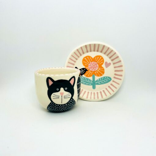 Enchanting Ceramic Cup and Saucer A Feline Fantasy with a Bird and Bloom - Image 4