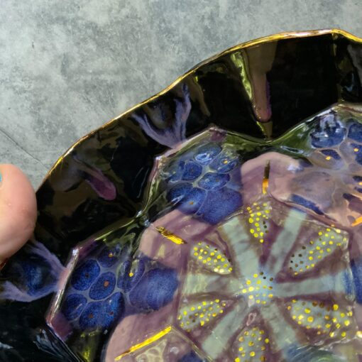 Geometric Elegance Purple and Black Ceramic Dish with Gold Luster - Image 5