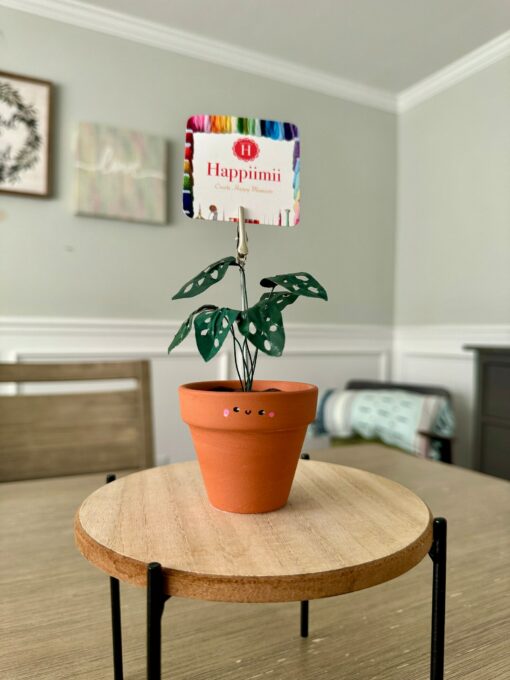 Monstera Adansonii Swiss Cheese Plant in a Handcrafted Photo Stand | 2" Potted Plant with Hand-Painted Leaves - Image 3