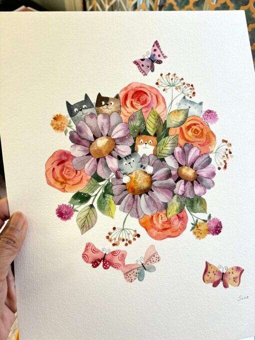 Original Hand-Painted Watercolor Cat Art Vibrant Nursery Decor for Kids' Rooms - Image 4
