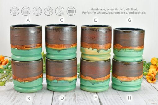 Handmade Ceramic Whiskey Bourbon Tumblers Unique Anniversary or Groomsmen Gift in Bronze, Patina Green, and Turquoise - Image 2