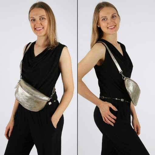 Gold Fanny Pack Interchangeable Wide Belt, Patterned Strap, Leather Crossbody, Silver Zipper Handbag - Image 2