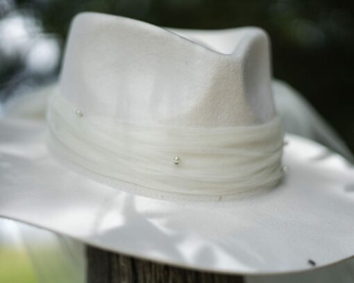 Timeless Bridal Elegance White Fedora and Ivory Rancher Hat with Pearl Accents - Image 3