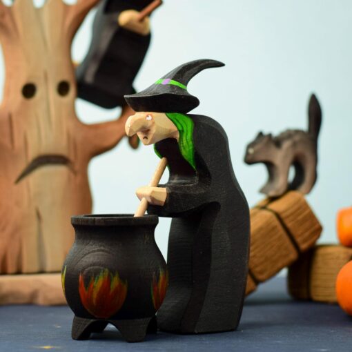 Enchanting Waldorf-Inspired Halloween Toy Handmade Witch and Cauldron Set with Organic Wood and Non-Toxic Paints - Image 4