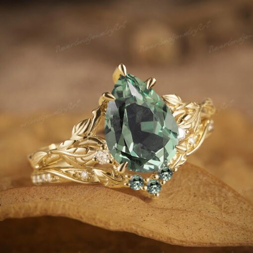 Nature's Embrace Vintage Pear Cut Green Sapphire Engagement Ring Set with Leaf-Inspired Wedding Band - Image 5