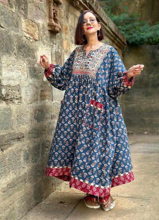 Hand Embroidered Midi Dress A Tapestry of Kutch Mirror Work and Block Printed Cotton - Image 4