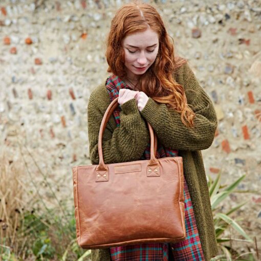 Reworked Personalized Haath Large Brown Leather Handbag Handmade Shoulder Bag for Laptop, Work, or School - Image 3