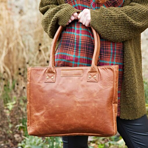 Reworked Personalized Haath Large Brown Leather Handbag Handmade Shoulder Bag for Laptop, Work, or School - Image 5