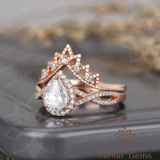 Pear Moissanite Bridal Ring Crown-Shaped Cluster of 14K Solid Gold, Promise or Wedding Band, Art Deco Stacking Ring, Gift for Girlfriend - Image 5