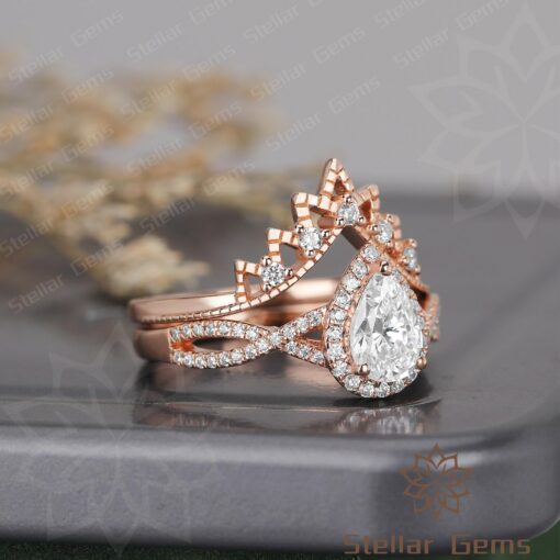 Pear Moissanite Bridal Ring Crown-Shaped Cluster of 14K Solid Gold, Promise or Wedding Band, Art Deco Stacking Ring, Gift for Girlfriend - Image 4