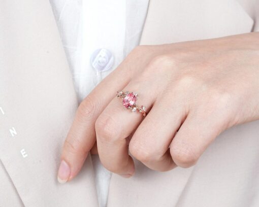 Exquisite Padparadscha Pink Sapphire Leaf Engagement Ring A Unique Rose Gold Vine Wedding Band - Image 3