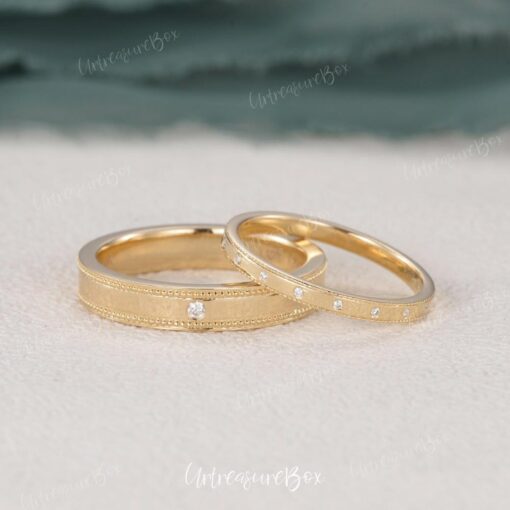 Exquisite Milgrain Couple Rings Unique Moissanite Wedding Bands for Eternal Love - Image 4