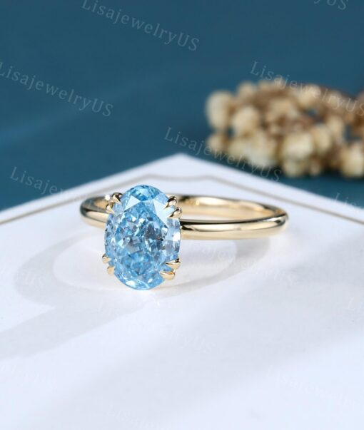 Vintage Oval Cut Lab Blue Diamond Solitaire Engagement Ring in Yellow Gold - Image 2