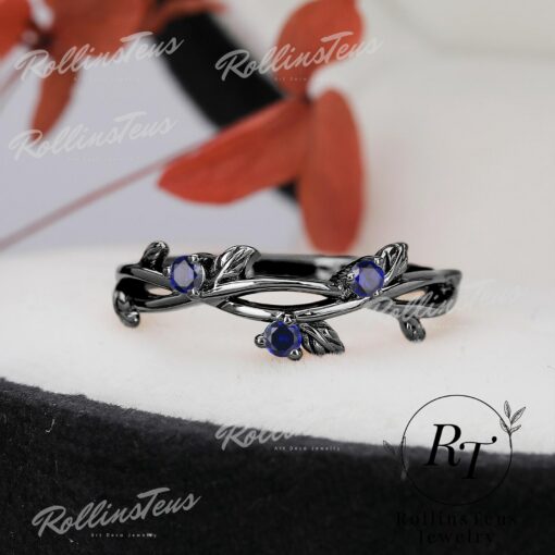 Nature's Embrace Blue Sapphire and Black Gold Twig Ring, a Symbol of Love and Growth - Image 5