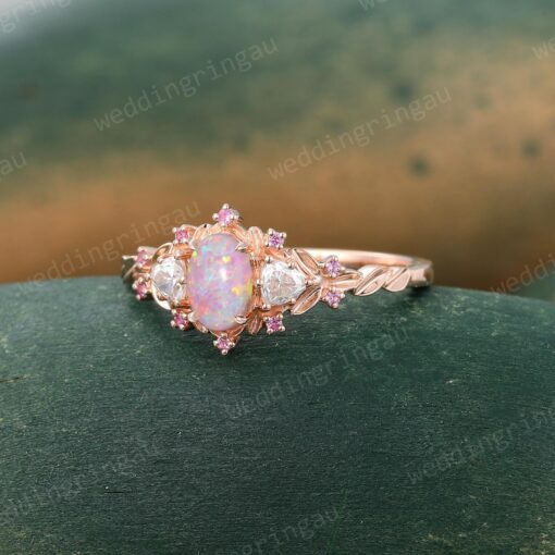 Exquisite Oval Pink Opal Engagement Ring A Symphony of Rose Gold, Moissanite, and Pink Sapphire - Image 3