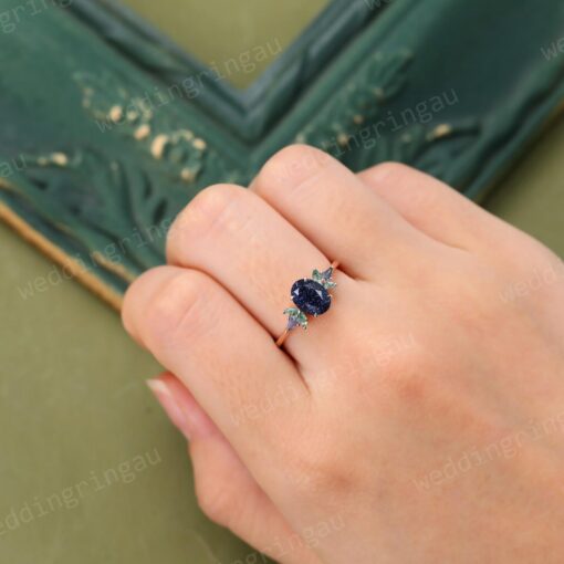 Celestial Symphony Oval Blue Sandstone, Marquise Moss Agate, and Alexandrite Galaxy Rings in Rose Gold - Image 4