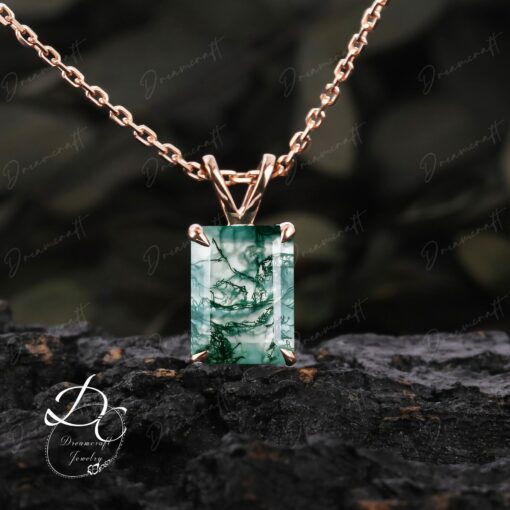 Exquisite Emerald Cut Green Moss Agate Necklace A Timeless Treasure in 14k Yellow Gold - Image 6