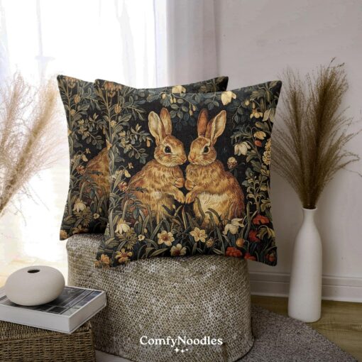 Enchanted Woodland Retreat Botanical Rabbits Throw Pillows, Inspired by William Morris - Image 3