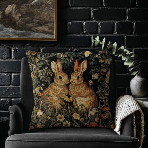 Enchanted Woodland Retreat Botanical Rabbits Throw Pillows, Inspired by William Morris - Image 4