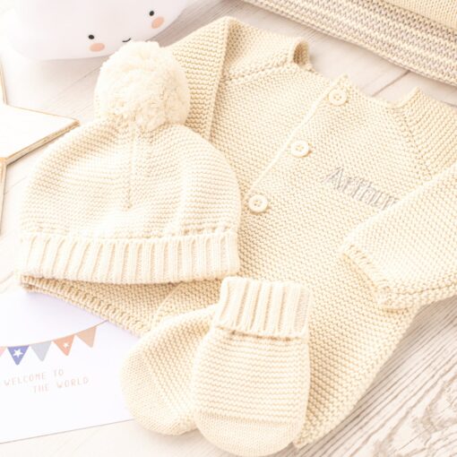 Toffee Moon Cream Personalized Baby Blanket, Cardigan, and Accessory Gift Set with Toy Bunny - Image 2