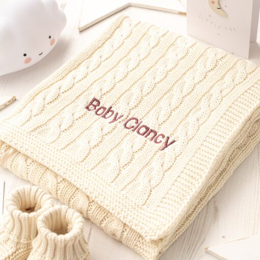 Toffee Moon Cream Personalized Baby Blanket, Cardigan, and Accessory Gift Set with Toy Bunny - Image 3