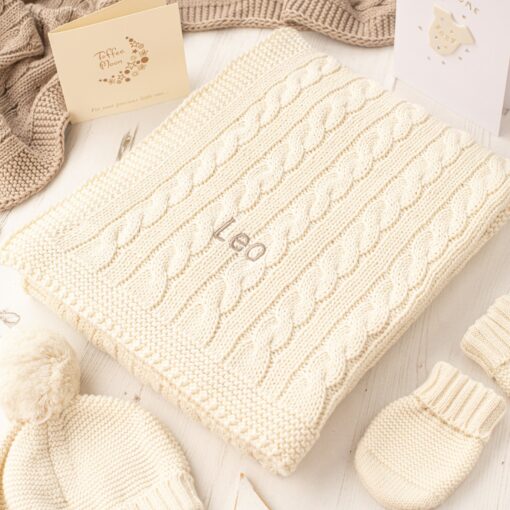 Toffee Moon Cream Personalized Baby Blanket, Cardigan, and Accessory Gift Set with Toy Bunny - Image 5