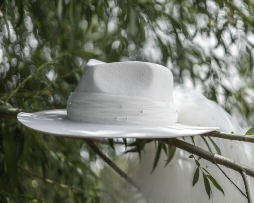 Timeless Bridal Elegance White Fedora and Ivory Rancher Hat with Pearl Accents - Image 6