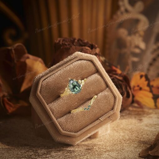 Nature's Embrace Vintage Pear Cut Green Sapphire Engagement Ring Set with Leaf-Inspired Wedding Band - Image 6