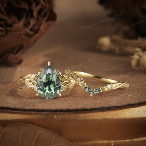 Nature's Embrace Vintage Pear Cut Green Sapphire Engagement Ring Set with Leaf-Inspired Wedding Band - Image 4