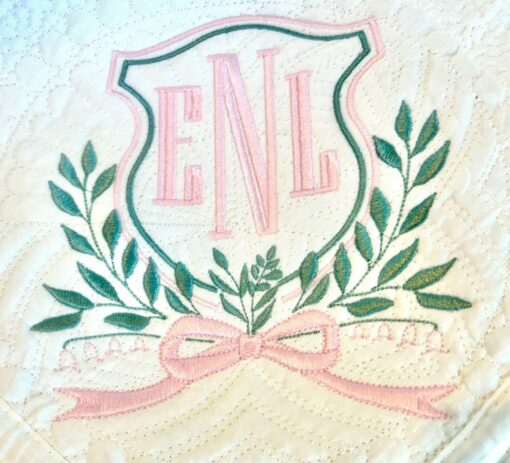 Personalized Heirloom Quilt Embroidered Baby Quilt with Vintage Crest and Monogram - Image 2