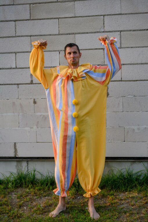 Groovy Yellow Clown Costume Vintage Stripes Circus Jumpsuit for Halloween, Cosplay, and Parties - Image 6