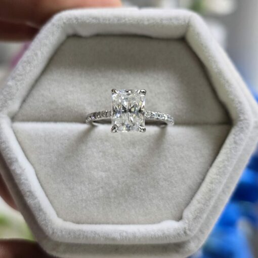 Radiant Elegance 14k White Gold Moissanite Engagement Ring with Hidden Halo and Diamond Eternity Band - Image 3