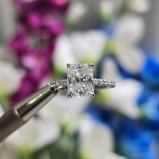 Radiant Elegance 14k White Gold Moissanite Engagement Ring with Hidden Halo and Diamond Eternity Band - Image 5