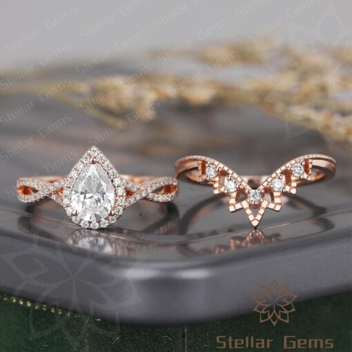 Pear Moissanite Bridal Ring Crown-Shaped Cluster of 14K Solid Gold, Promise or Wedding Band, Art Deco Stacking Ring, Gift for Girlfriend - Image 3