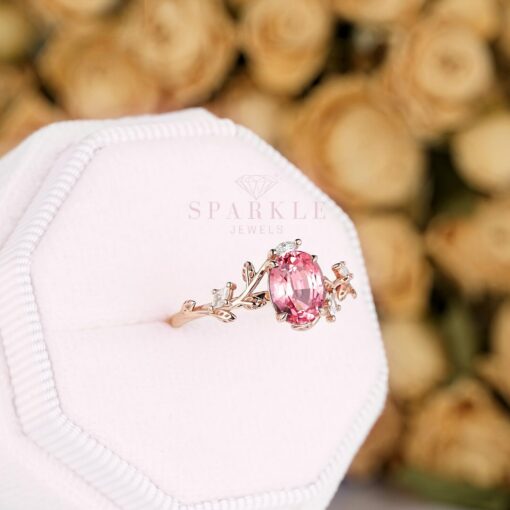 Exquisite Padparadscha Pink Sapphire Leaf Engagement Ring A Unique Rose Gold Vine Wedding Band - Image 4