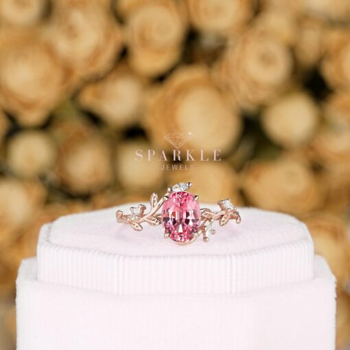 Exquisite Padparadscha Pink Sapphire Leaf Engagement Ring A Unique Rose Gold Vine Wedding Band - Image 2