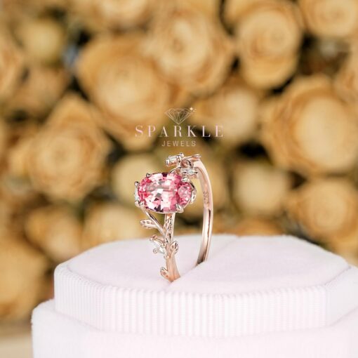 Exquisite Padparadscha Pink Sapphire Leaf Engagement Ring A Unique Rose Gold Vine Wedding Band - Image 5