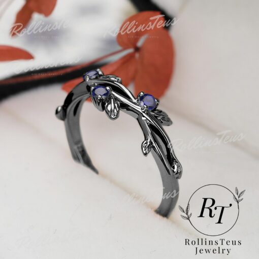 Nature's Embrace Blue Sapphire and Black Gold Twig Ring, a Symbol of Love and Growth - Image 4
