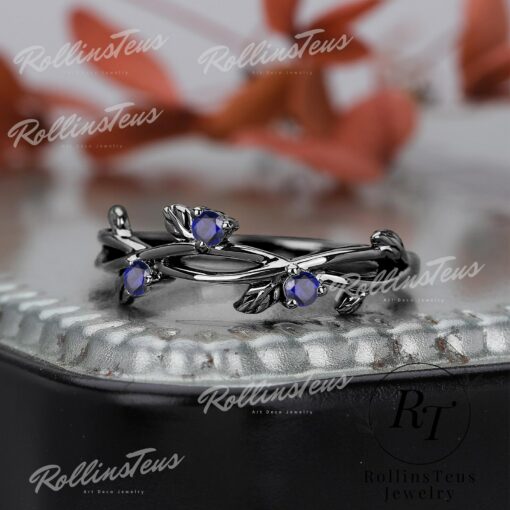 Nature's Embrace Blue Sapphire and Black Gold Twig Ring, a Symbol of Love and Growth - Image 2
