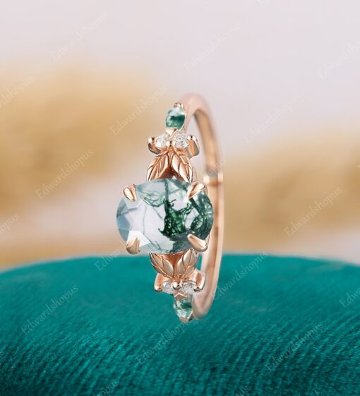 Enchanted Oval Moss Agate Engagement Ring A Nature-Inspired Symbol of Love - Image 5