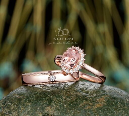 His and Hers Pink Morganite Halo Engagement Ring Set A Symbol of Eternal Love - Image 6