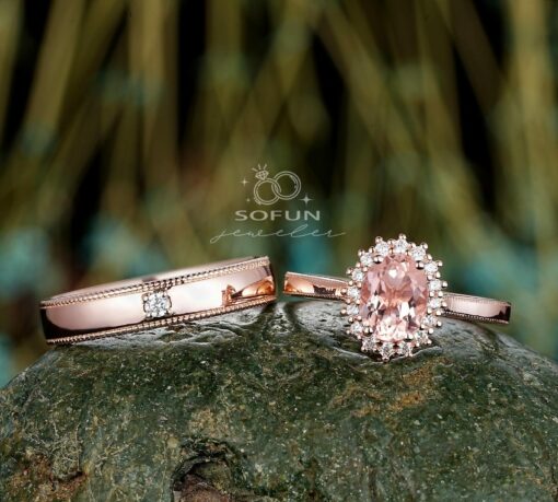 His and Hers Pink Morganite Halo Engagement Ring Set A Symbol of Eternal Love - Image 2