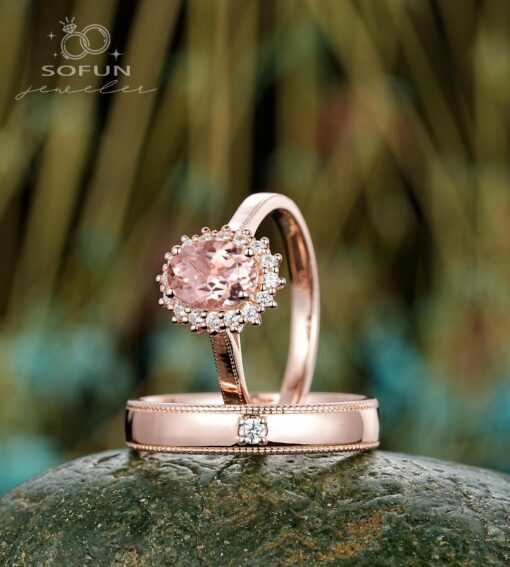 His and Hers Pink Morganite Halo Engagement Ring Set A Symbol of Eternal Love - Image 4