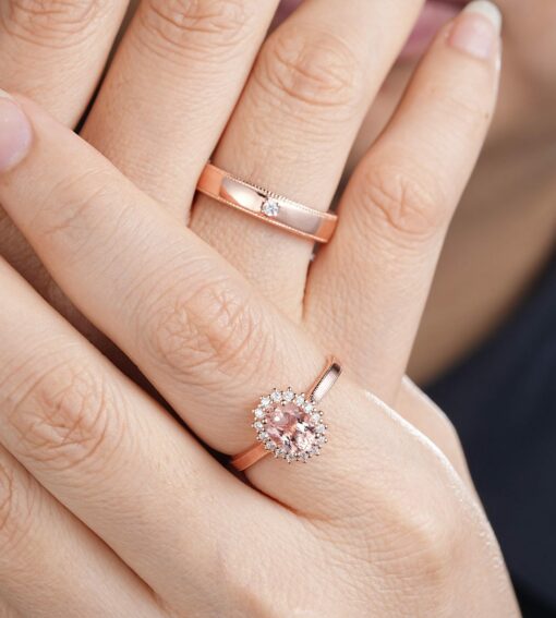 His and Hers Pink Morganite Halo Engagement Ring Set A Symbol of Eternal Love - Image 3