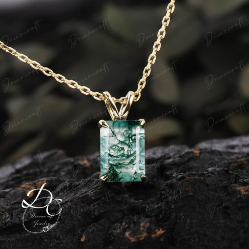 Exquisite Emerald Cut Green Moss Agate Necklace A Timeless Treasure in 14k Yellow Gold - Image 3