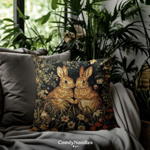 Enchanted Woodland Retreat Botanical Rabbits Throw Pillows, Inspired by William Morris - Image 6