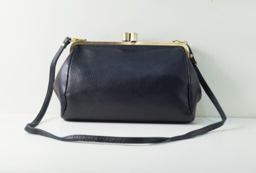 Dakota Vintage Black Leather Kiss Lock Clutch Handbag - Image 2