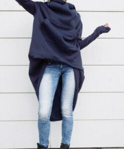 Navy Blue Extravarant Maxi Asymmetrical Hoodie Fleece Cotton Warm Top A08023